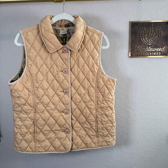 Women's L.L. Bean Tan Quilted Cotton Blend Button Front Vest Size Large - Picture 2 of 11